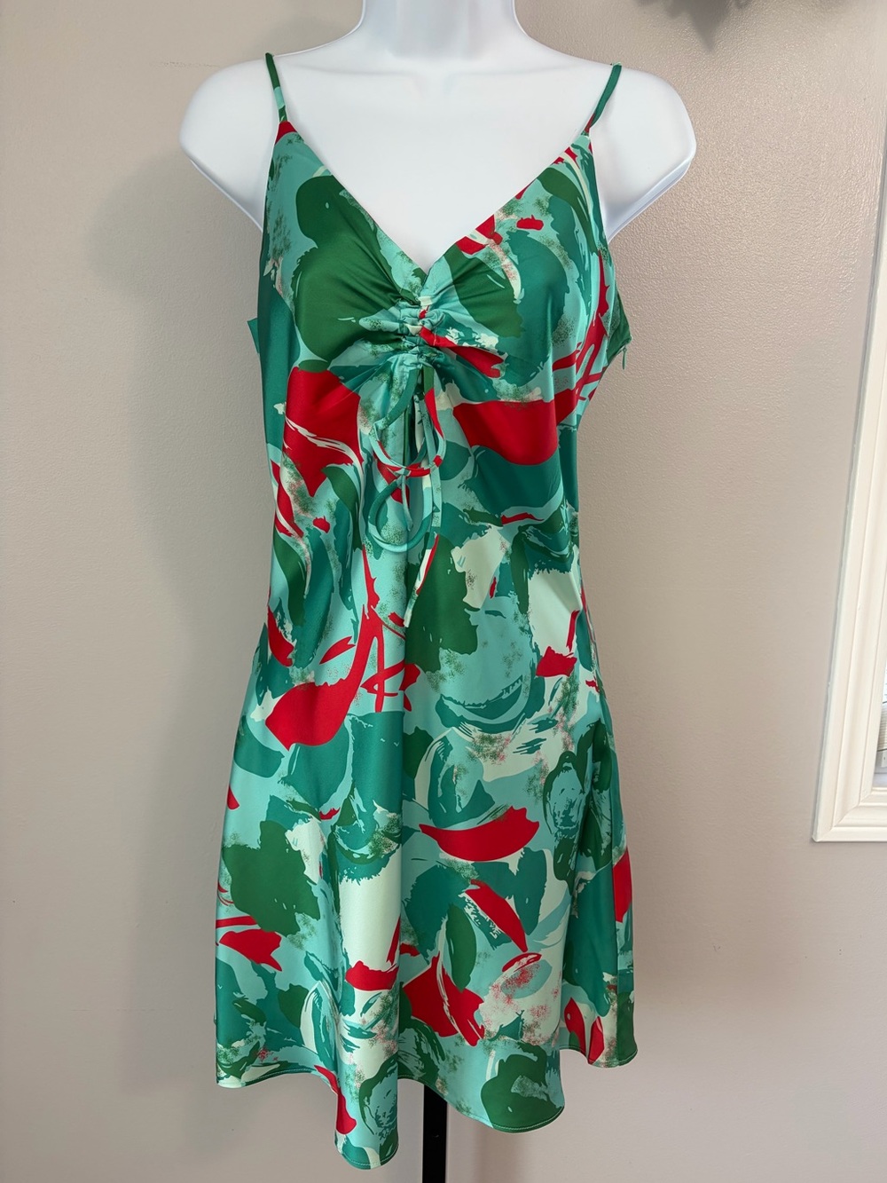 NWT Easel Greens and Red Abstract Satin Slip Dress